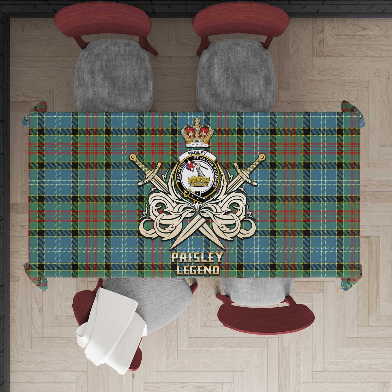 Tartan Vibes Clothing Paisley Tartan Tablecloth with Clan Crest and the Golden Sword of Courageous Legacy