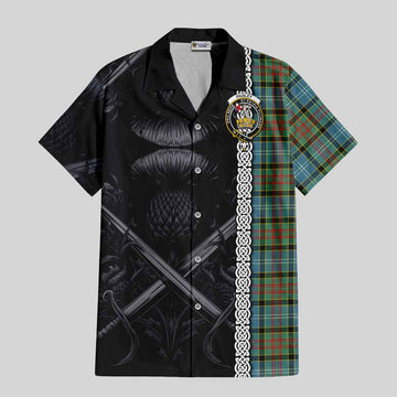 Paisley Tartan Short Sleeve Button Shirt with Family Crest Cross Sword Thistle Celtic Vibes