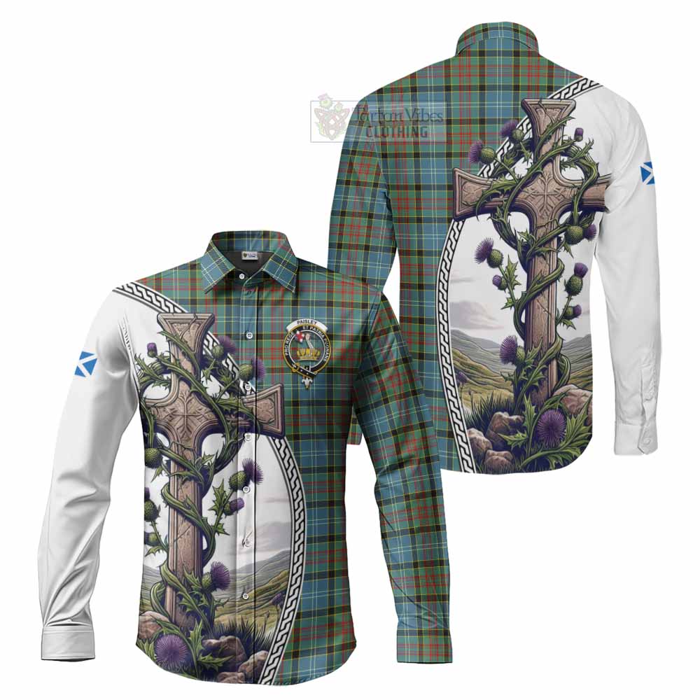 Tartan Vibes Clothing Paisley Tartan Long Sleeve Button Shirt with Family Crest and St. Andrew's Cross Accented by Thistle Vines