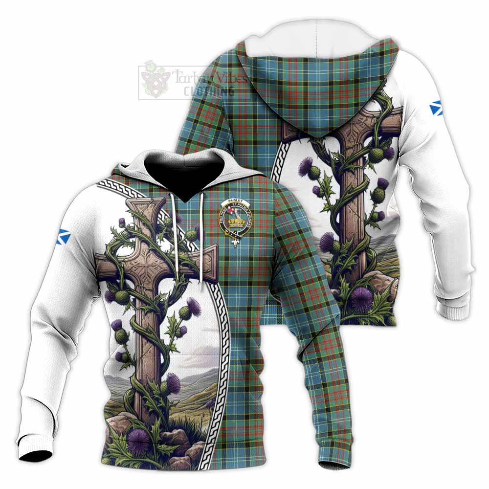 Tartan Vibes Clothing Paisley Tartan Knitted Hoodie with Family Crest and St. Andrew's Cross Accented by Thistle Vines