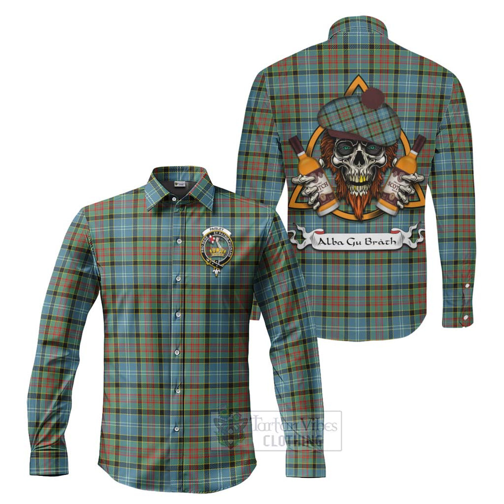 Tartan Vibes Clothing Paisley Tartan Long Sleeve Button Shirt with Family Crest and Bearded Skull Holding Bottles of Whiskey