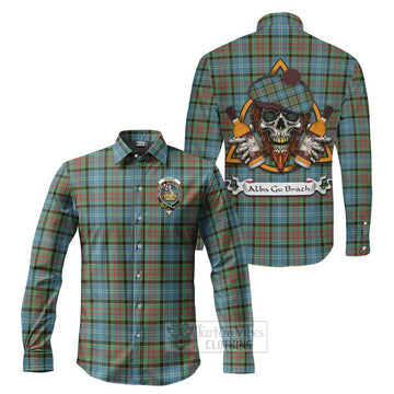 Paisley Tartan Long Sleeve Button Shirt with Family Crest and Bearded Skull Holding Bottles of Whiskey