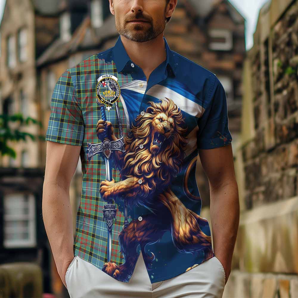 Tartan Vibes Clothing Paisley Tartan Family Crest Short Sleeve Button Shirt with Scottish Majestic Lion