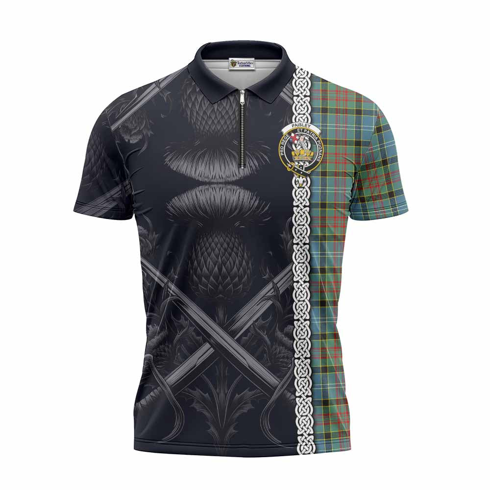 Tartan Vibes Clothing Paisley Tartan Zipper Polo Shirt with Family Crest Cross Sword Thistle Celtic Vibes