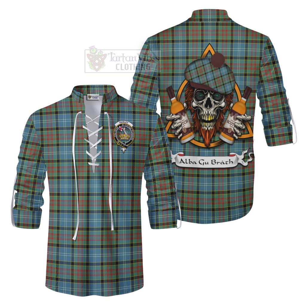 Tartan Vibes Clothing Paisley Tartan Ghillie Kilt Shirt with Family Crest and Bearded Skull Holding Bottles of Whiskey