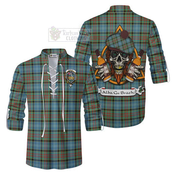 Paisley Tartan Ghillie Kilt Shirt with Family Crest and Bearded Skull Holding Bottles of Whiskey