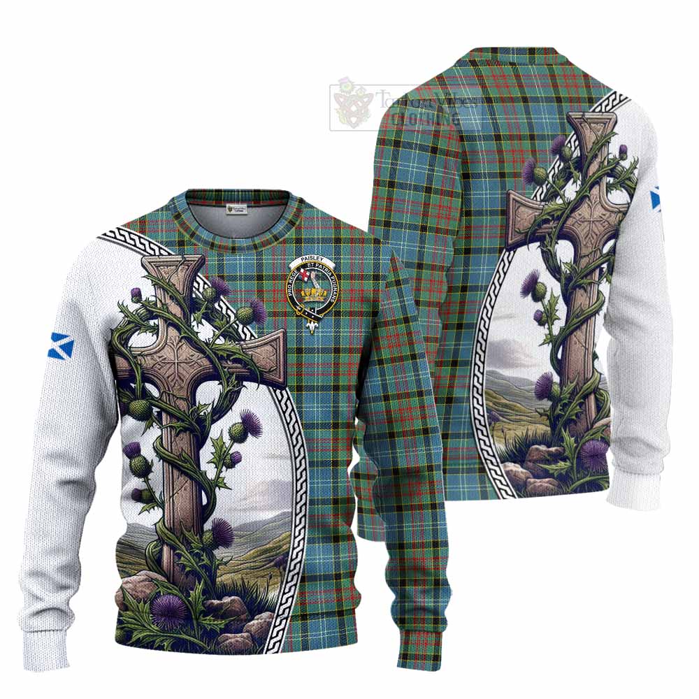 Tartan Vibes Clothing Paisley Tartan Knitted Sweater with Family Crest and St. Andrew's Cross Accented by Thistle Vines