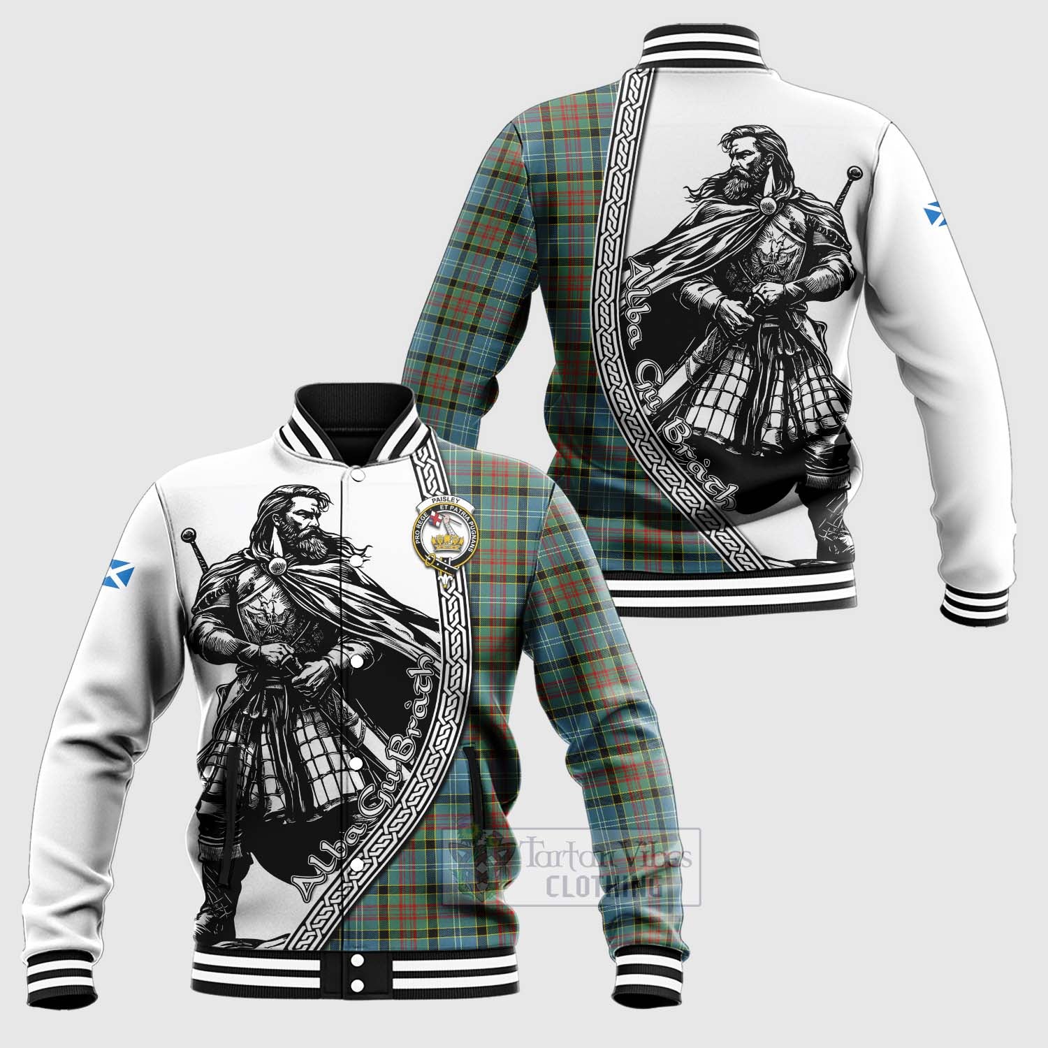 Tartan Vibes Clothing Paisley Tartan Clan Crest Baseball Jacket with Highlander Warrior Celtic Style