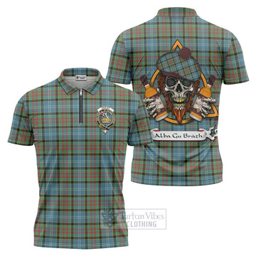 Paisley Tartan Zipper Polo Shirt with Family Crest and Bearded Skull Holding Bottles of Whiskey