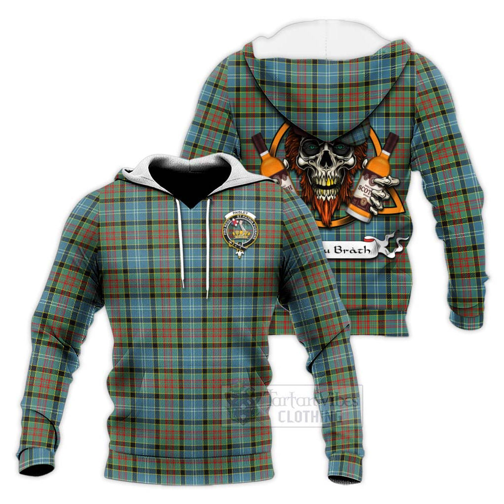 Tartan Vibes Clothing Paisley Tartan Knitted Hoodie with Family Crest and Bearded Skull Holding Bottles of Whiskey