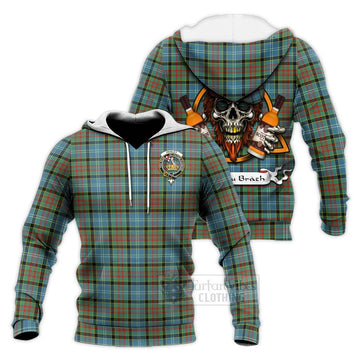 Paisley Tartan Knitted Hoodie with Family Crest and Bearded Skull Holding Bottles of Whiskey