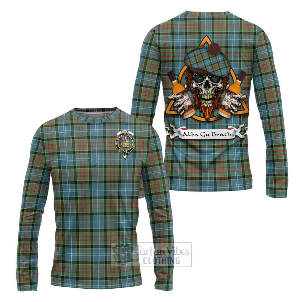 Tartan Vibes Clothing Paisley Tartan Long Sleeve T-Shirt with Family Crest and Bearded Skull Holding Bottles of Whiskey