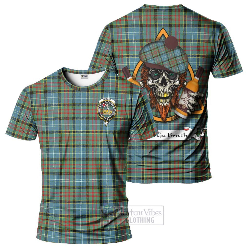 Tartan Vibes Clothing Paisley Tartan T-Shirt with Family Crest and Bearded Skull Holding Bottles of Whiskey