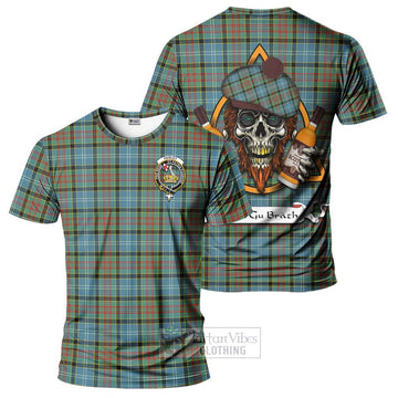 Paisley Tartan T-Shirt with Family Crest and Bearded Skull Holding Bottles of Whiskey