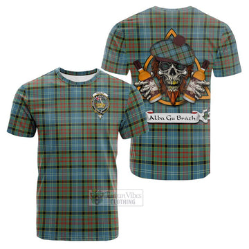 Paisley Tartan Cotton T-shirt with Family Crest and Bearded Skull Holding Bottles of Whiskey