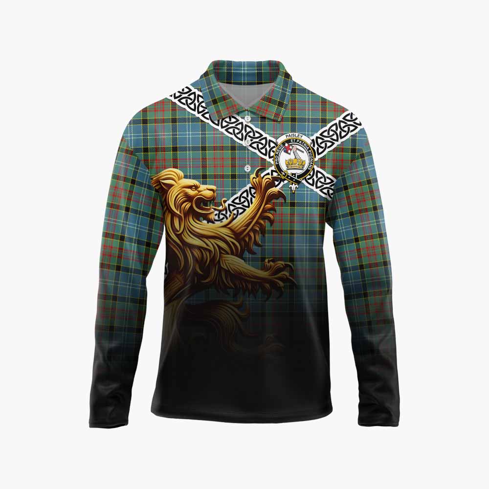 Paisley Crest Tartan Long Sleeve Polo Shirt with Golden Lion Emblem Celtic Style Unisex - Tartan Vibes Clothing
