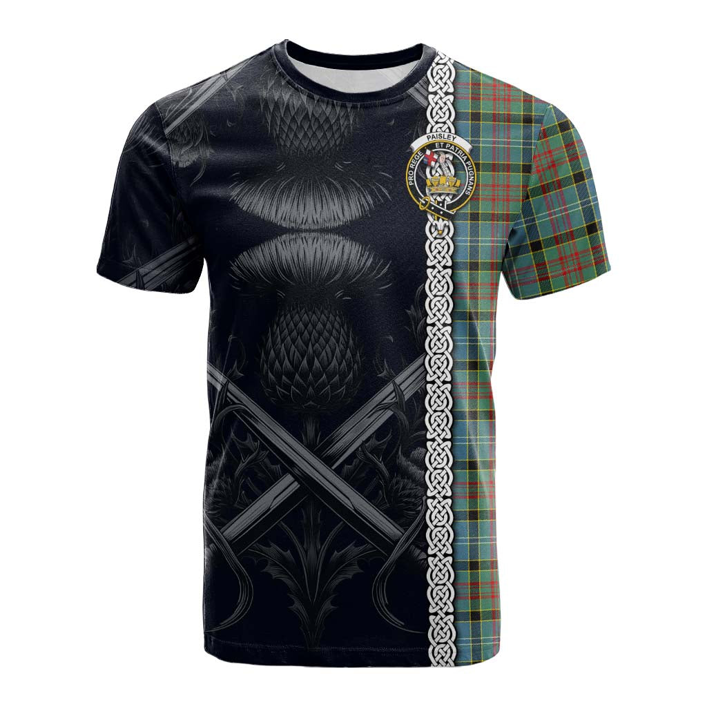 Tartan Vibes Clothing Paisley Tartan Cotton T-shirt with Family Crest Cross Sword Thistle Celtic Vibes