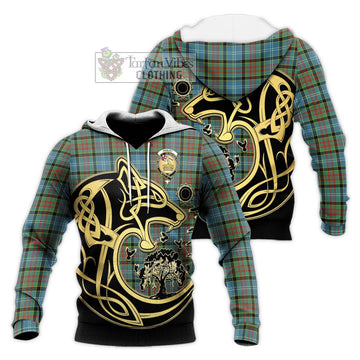 Paisley Tartan Knitted Hoodie with Family Crest Celtic Wolf Style