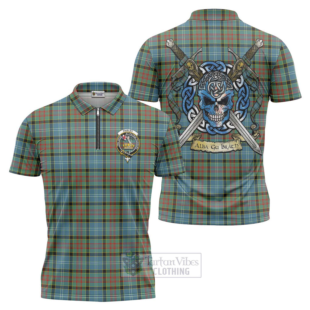 Tartan Vibes Clothing Paisley Tartan Zipper Polo Shirt with Family Crest Celtic Skull Style