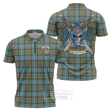 Paisley Tartan Zipper Polo Shirt with Family Crest Celtic Skull Style