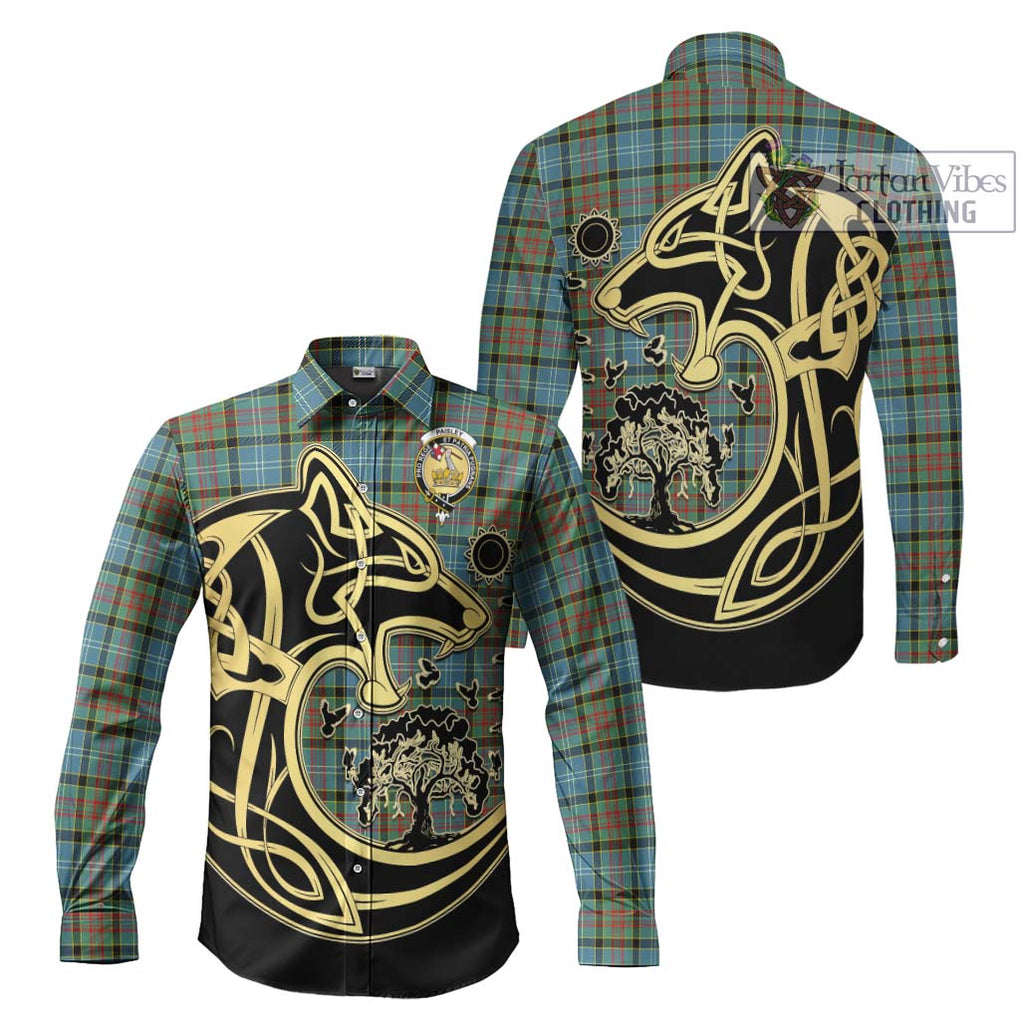 Paisley Tartan Long Sleeve Button Shirt with Family Crest Celtic Wolf Style Men's Shirt S - Tartan Vibes Clothing