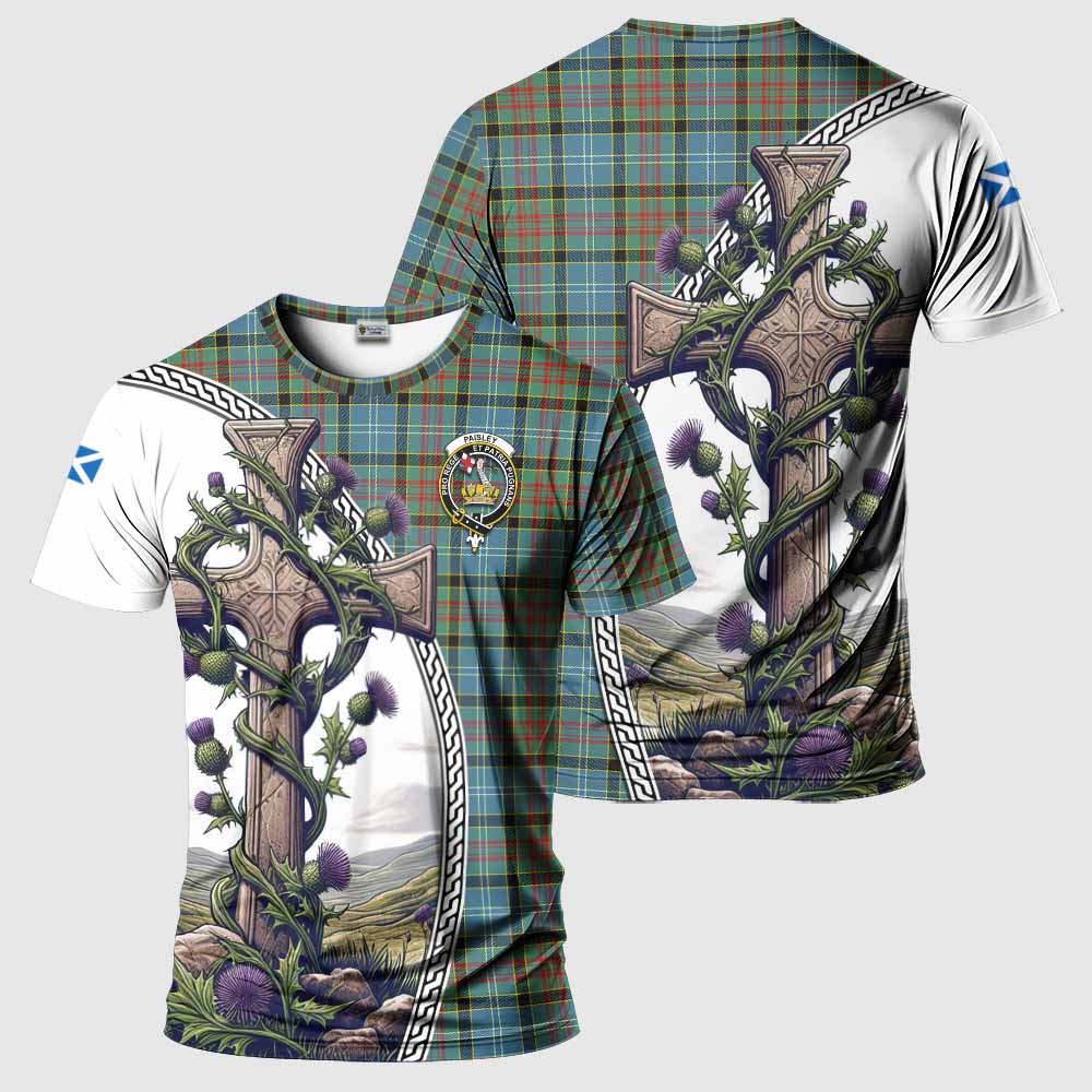 Tartan Vibes Clothing Paisley Agnew Tartan T-Shirt with Family Crest and St. Andrew's Cross Accented by Thistle Vines