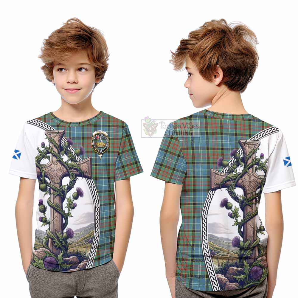 Tartan Vibes Clothing Paisley Tartan Kid T-Shirt with Family Crest and St. Andrew's Cross Accented by Thistle Vines