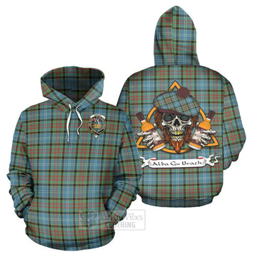 Paisley Tartan Hoodie with Family Crest and Bearded Skull Holding Bottles of Whiskey