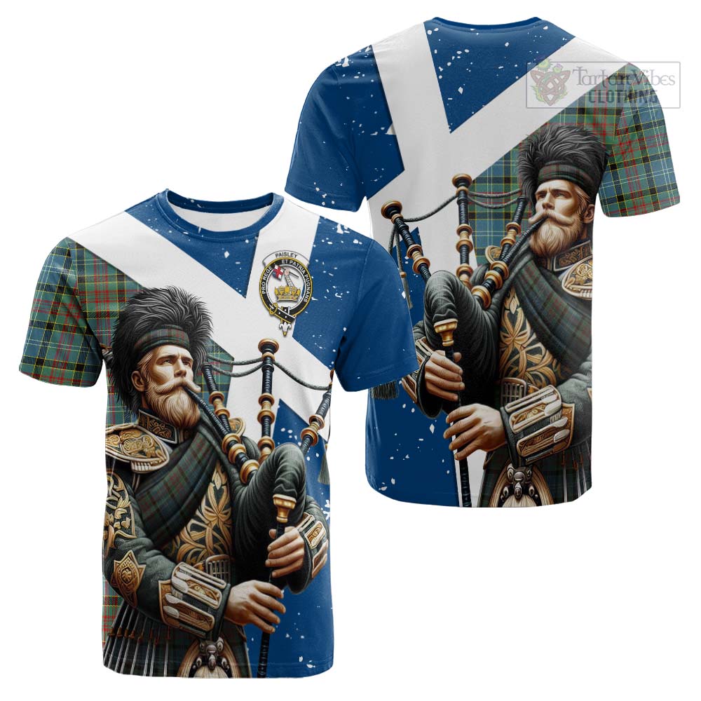 Tartan Vibes Clothing Paisley Tartan Cotton T-shirt with Family Crest Scottish Bagpiper Vibes