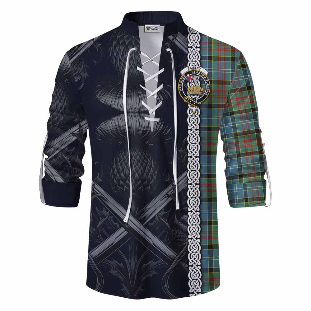 Tartan Vibes Clothing Paisley Tartan Ghillie Kilt Shirt with Family Crest Cross Sword Thistle Celtic Vibes