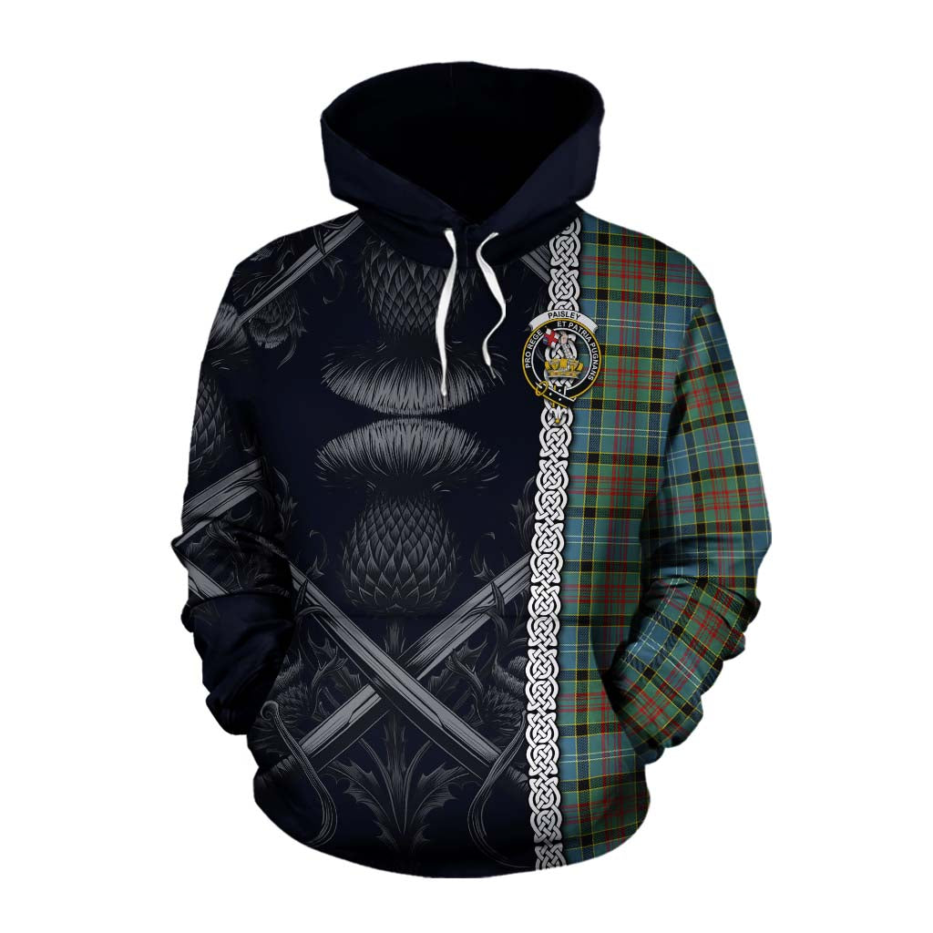 Tartan Vibes Clothing Paisley Tartan Cotton Hoodie with Family Crest Cross Sword Thistle Celtic Vibes