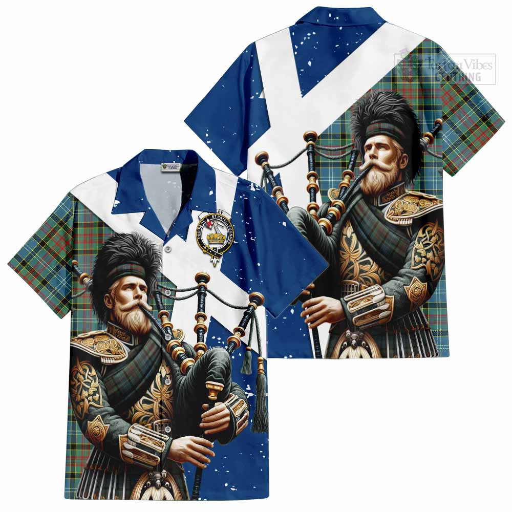 Tartan Vibes Clothing Paisley Tartan Short Sleeve Button Shirt with Family Crest Scottish Bagpiper Vibes