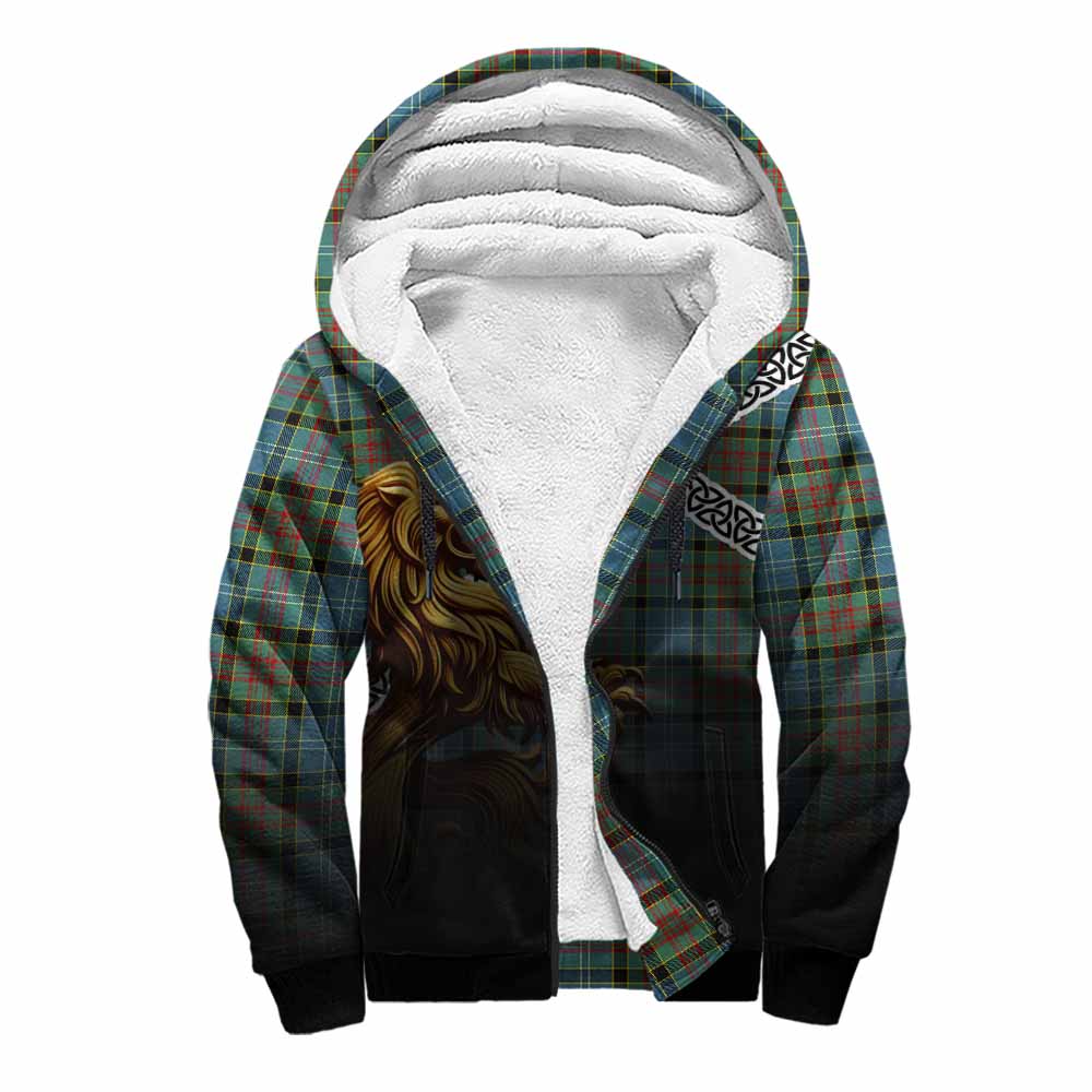 Paisley Crest Tartan Sherpa Hoodie with Golden Lion Emblem Celtic Style Unisex S - Tartan Vibes Clothing