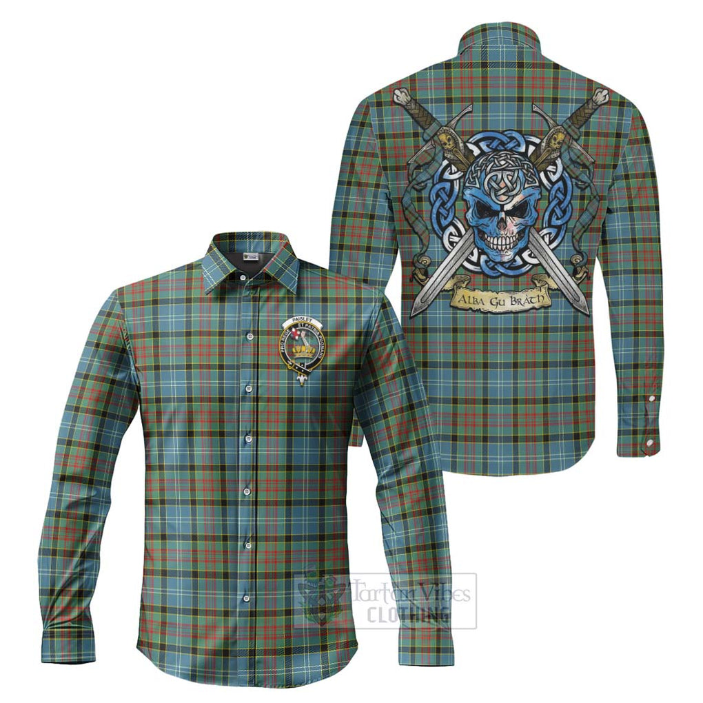 Tartan Vibes Clothing Paisley Tartan Long Sleeve Button Shirt with Family Crest Celtic Skull Style