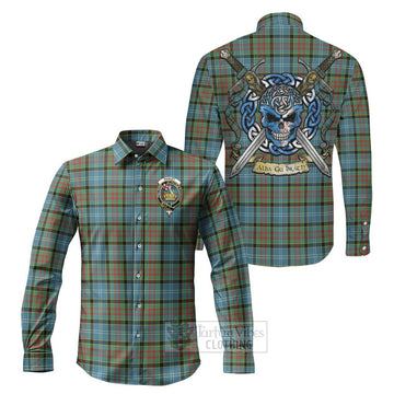 Paisley Tartan Long Sleeve Button Shirt with Family Crest Celtic Skull Style