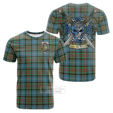 Paisley Tartan Cotton T-shirt with Family Crest Celtic Skull Style