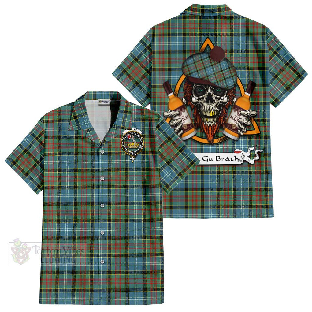 Tartan Vibes Clothing Paisley Tartan Short Sleeve Button Shirt with Family Crest and Bearded Skull Holding Bottles of Whiskey