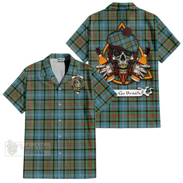 Paisley Tartan Short Sleeve Button Shirt with Family Crest and Bearded Skull Holding Bottles of Whiskey