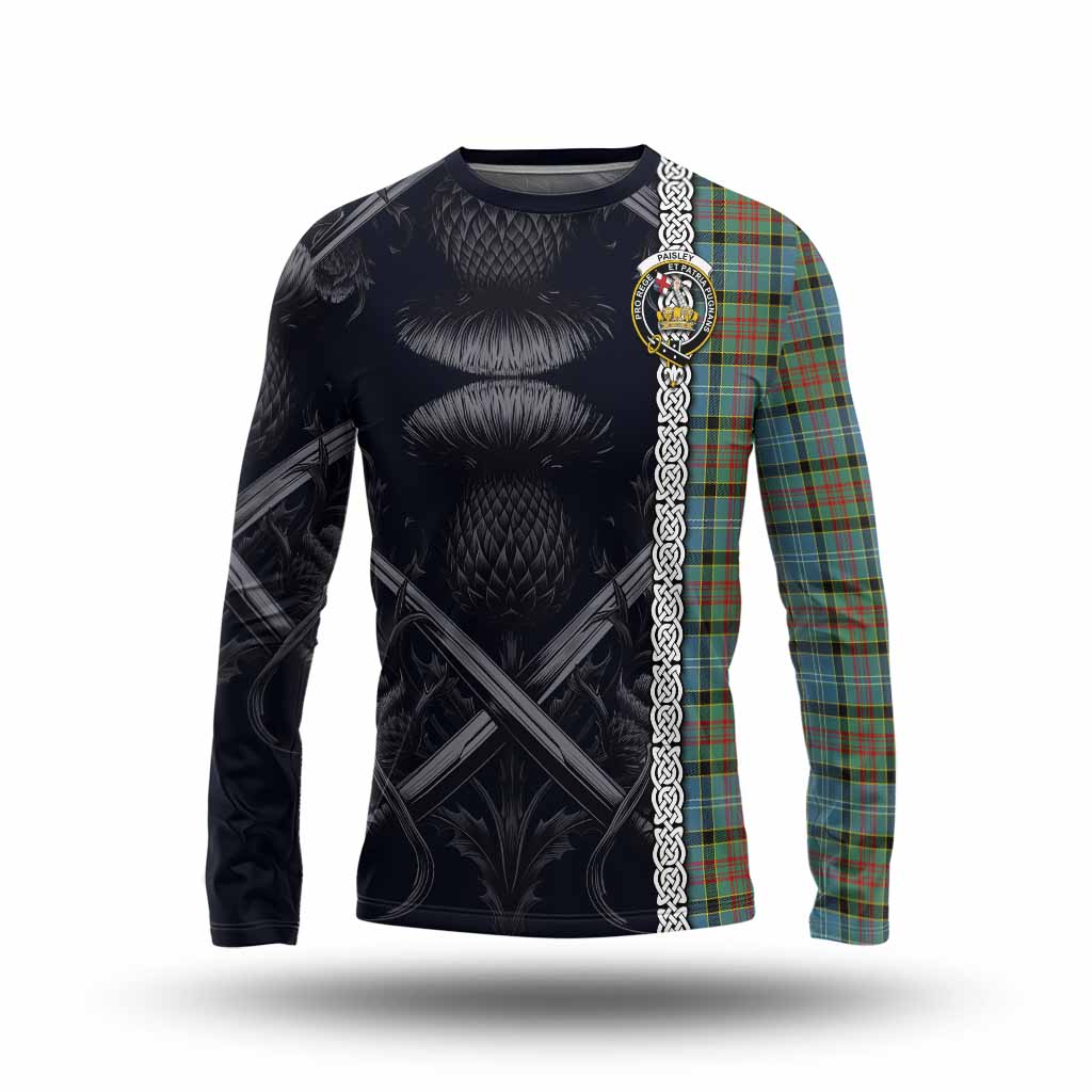 Tartan Vibes Clothing Paisley Tartan Long Sleeve T-Shirt with Family Crest Cross Sword Thistle Celtic Vibes