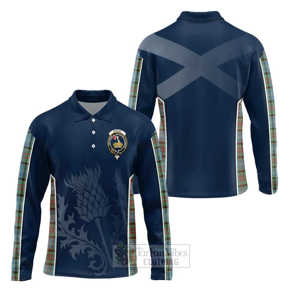 Tartan Vibes Clothing Paisley Tartan Long Sleeve Polo Shirt with Family Crest and Scottish Thistle Vibes Sport Style