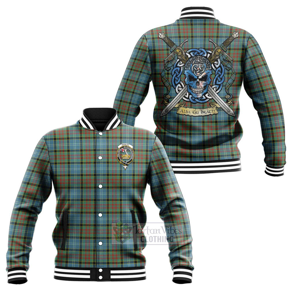 Tartan Vibes Clothing Paisley Tartan Baseball Jacket with Family Crest Celtic Skull Style