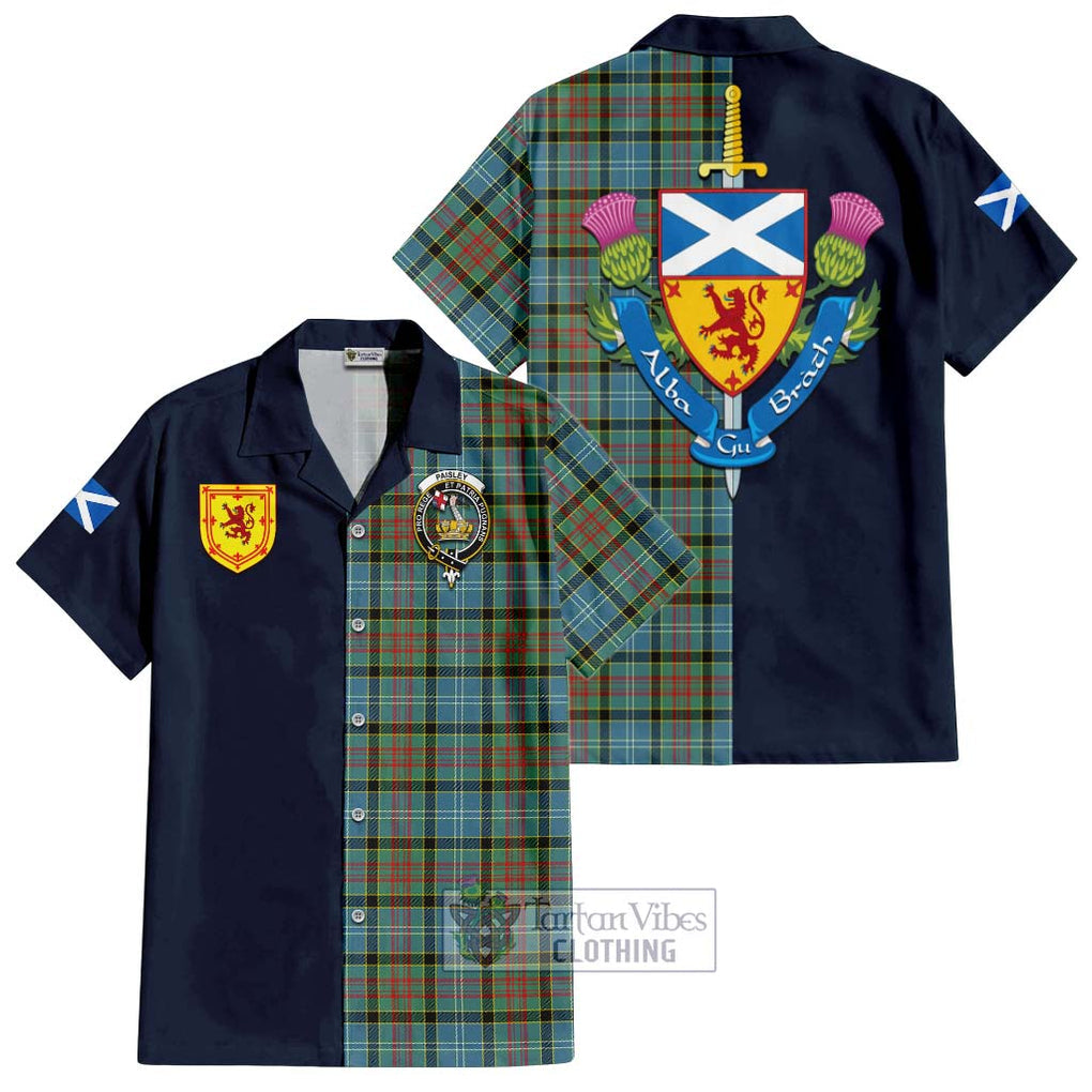 Tartan Vibes Clothing Paisley Tartan Short Sleeve Button Shirt with Scottish Lion Royal Arm Half Style