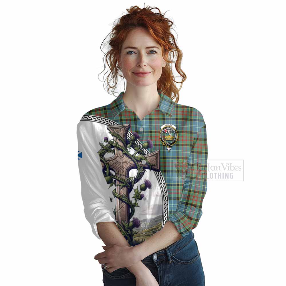 Tartan Vibes Clothing Paisley Tartan Women's Casual Shirt with Family Crest and St. Andrew's Cross Accented by Thistle Vines