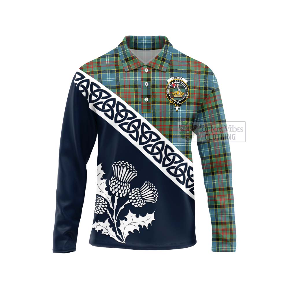 Tartan Vibes Clothing Paisley Tartan Long Sleeve Polo Shirt Featuring Thistle and Scotland Map