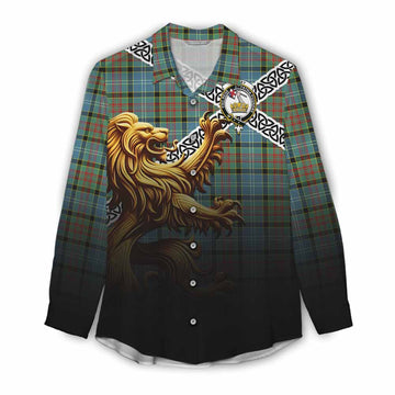 Paisley Crest Tartan Women's Casual Shirt with Golden Lion Emblem Celtic Style Female - Tartan Vibes Clothing