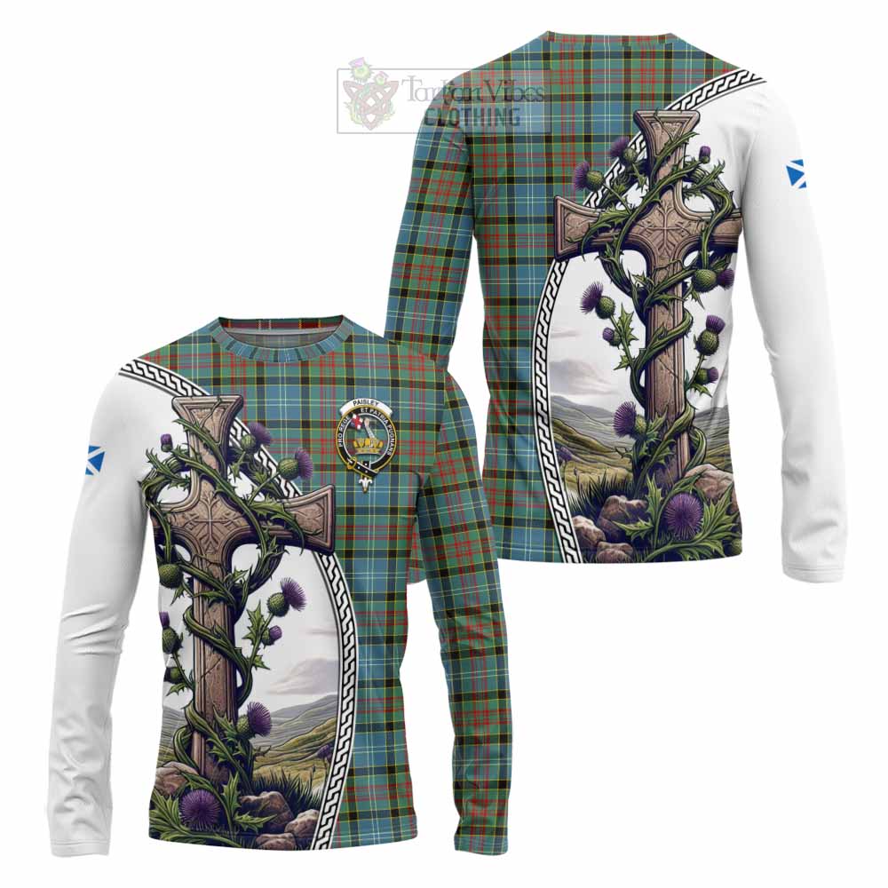 Tartan Vibes Clothing Paisley Tartan Long Sleeve T-Shirt with Family Crest and St. Andrew's Cross Accented by Thistle Vines