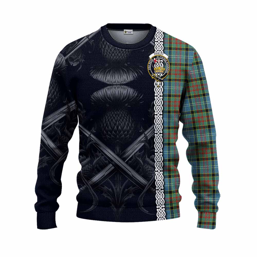 Tartan Vibes Clothing Paisley Tartan Knitted Sweater with Family Crest Cross Sword Thistle Celtic Vibes