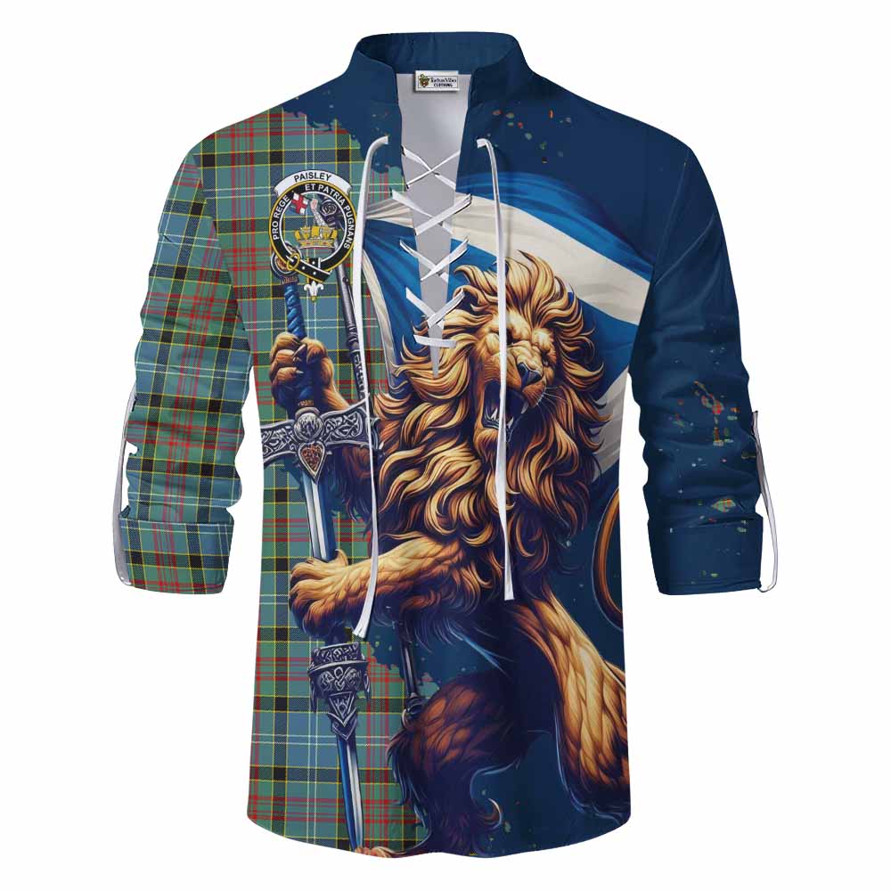 Tartan Vibes Clothing Paisley Tartan Family Crest Ghillie Kilt Shirt with Scottish Majestic Lion