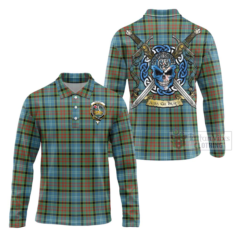 Tartan Vibes Clothing Paisley Tartan Long Sleeve Polo Shirt with Family Crest Celtic Skull Style