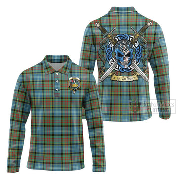 Paisley Tartan Long Sleeve Polo Shirt with Family Crest Celtic Skull Style